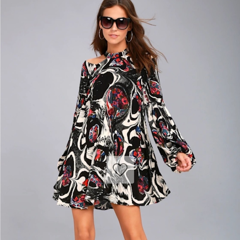 Free People Drift Away Black Print Cold Shoulder Tunic Top Size Medium